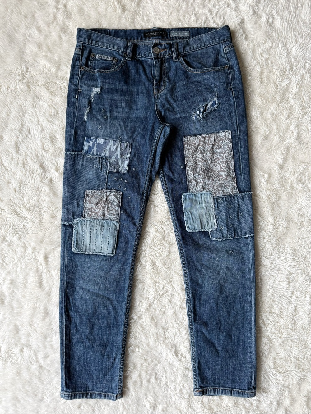 VTG Woman Blue Denim Patchwork Boyfriend Fit Jeans US4 Boho Western Country Folk - Picture 2 of 8